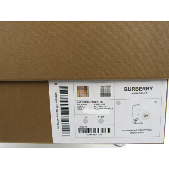 BURBERRY SIMEON BLACK RUBBER BEIGE CHECK LOGO KNEE HIGH RAIN BOOTS US 11 EU 41 - Picture 14 of 14